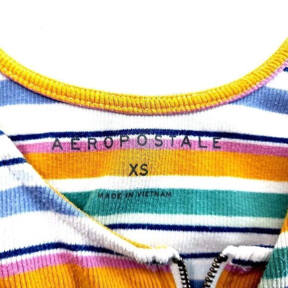 Aeropostale XS White Orange Green Blue Striped Tank Top 1/4 Zip Cotton Polyester - Picture 4 of 5